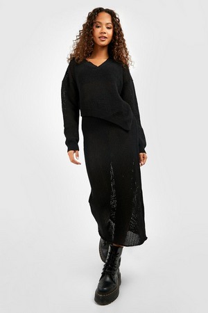Asymmetric Crochet Maxi Knitted Co-Ord, Black, S, Black