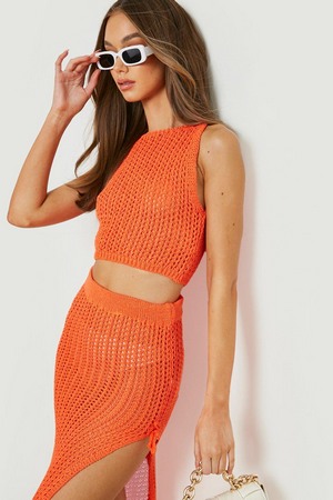 Crochet Lace Up Maxi Skirt Co-Ord, Orange, L, Orange
