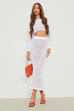 Crochet Maxi Skirt Co-Ord, White, Xl, White