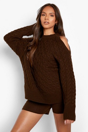 Cut Out Detail Cable Knit Shorts Co-Ord, Brown, S, Brown