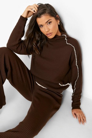 Exposed Seam Knitted Co-Ord, Brown, Xl, Brown