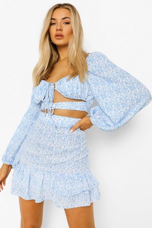 Floral Cut Out Ruffle Skirt Co-Ord, Blue