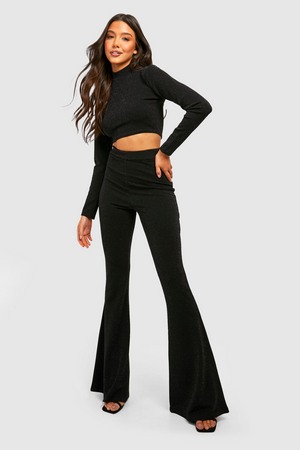 High Neck Crop Top   Flared Trouser Co-Ord, Black