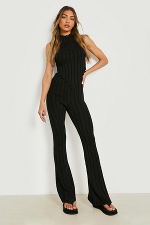 High Neck Wide Rib Knitted Trouser Co-Ord, Black, Xl, Black