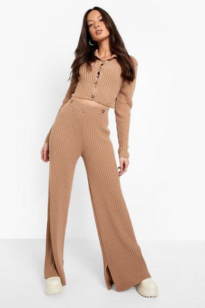 Knitted Button Detail Top   Trouser Co-Ord, Beige, M, Beige