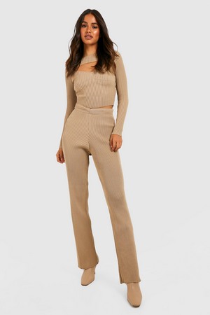 Knitted Corset And Wide Leg Trouser Co-Ord, Beige, L, Beige