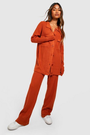 Knitted Shirt   Wide Leg Trouser Co-Ord, Orange, S, Orange