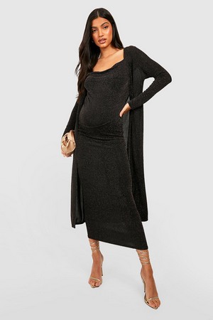 Maternity Glitter Strappy Cowl Neck Dress And Duster Coat, Gold
