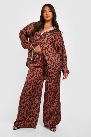 Plus Abstract Leopard Shirt   Trouser Co-Ord, Brown