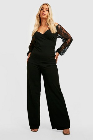 Plus Bardot Lace Sleeve And Trouser Co-Ord, Black