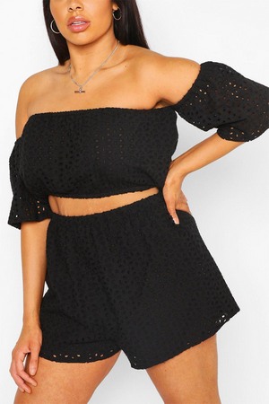 Plus Broderie Ruffle Sleeve Top   Shorts Co-Ord, Black