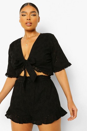Plus Broderie Tie Front Shorts Co-Ord, Black