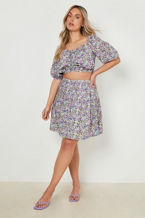 Plus Floral Volume Sleeve Crop   Skirt Co-Ord, Purple