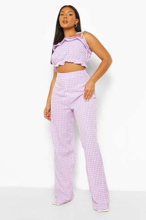 Plus Gingham Ruffle Top And Trouser Co-Ord, Purple