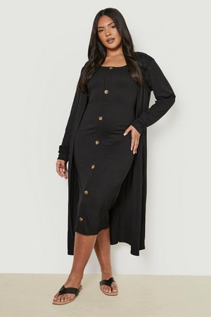 Plus Horn Button Midi Dress And Duster Co-Ord, Black