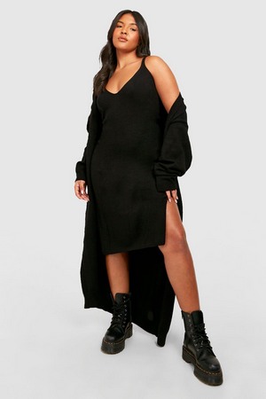 Plus Knitted Dress   Duster Co-Ord, Black