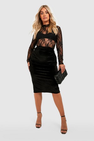 Plus Lace Bodysuit   Velour Midi Skirt Co-Ord, Black