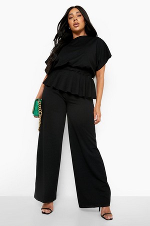 Plus Peplum Top And Wide Leg Trousers Co-Ord, Black