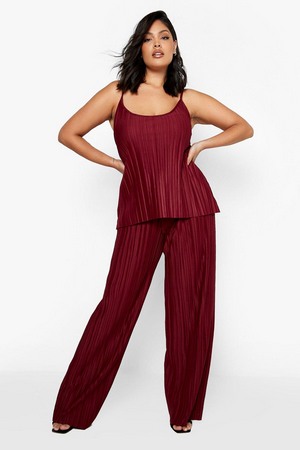 Plus Plisse Cami Top And Wide Leg Trousers Co-Ord, Red