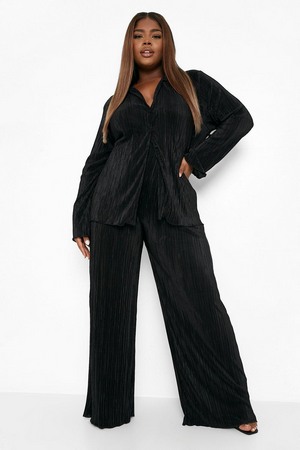 Plus Plisse Shirt And Wide Leg Trousers Co-Ord, Black