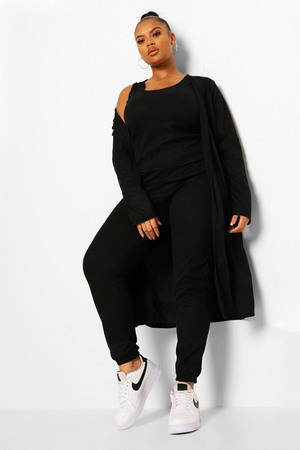 Plus Ribbed Joggers And Cardigan Piece Co-Ord, Black
