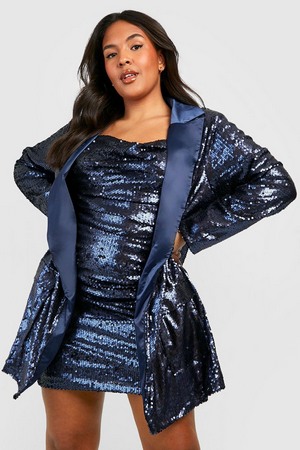 Plus Sequin Blazer   Mini Dress Co-Ord, Blue