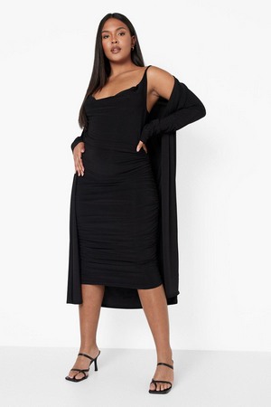 Plus Strappy Cowl Neck Dress   Duster Co-Ord, Black