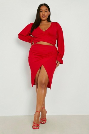 Plus Wrap Top And Midi Skirt Co-Ord, Red