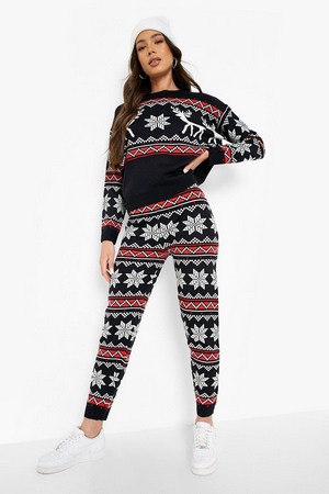 Reindeer Christmas Jumper Knitted Co-Ord, Navy, S, Navy