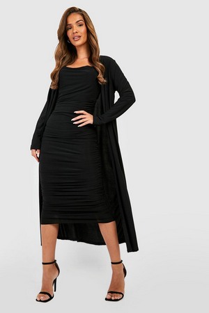 Strappy Cowl Neck Midaxi Dress And Duster Coat, Black