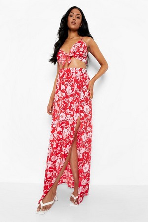 Tall Tie Front Top   Maxi Skirt Floral Co-Ord, Pink