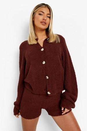 Teddy Knit Cardigan Co-Ord, Brown, S, Brown