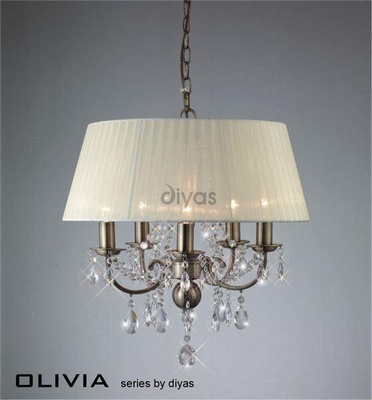 Il30048 olivia 5 lt antique brass crystal pendant with ivory shade