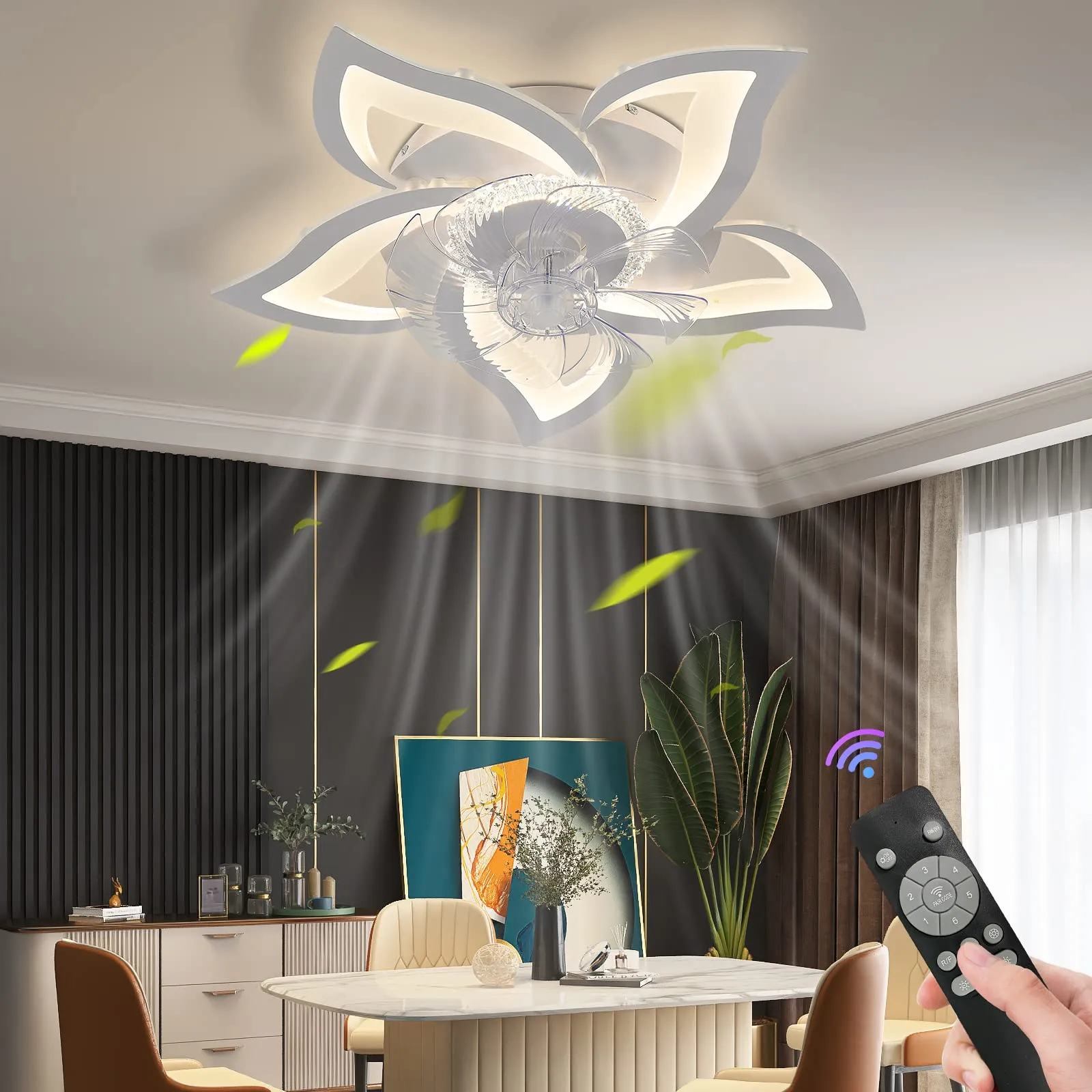 Remote control LED ceiling fan can be an attractive and practical addition to a dining room